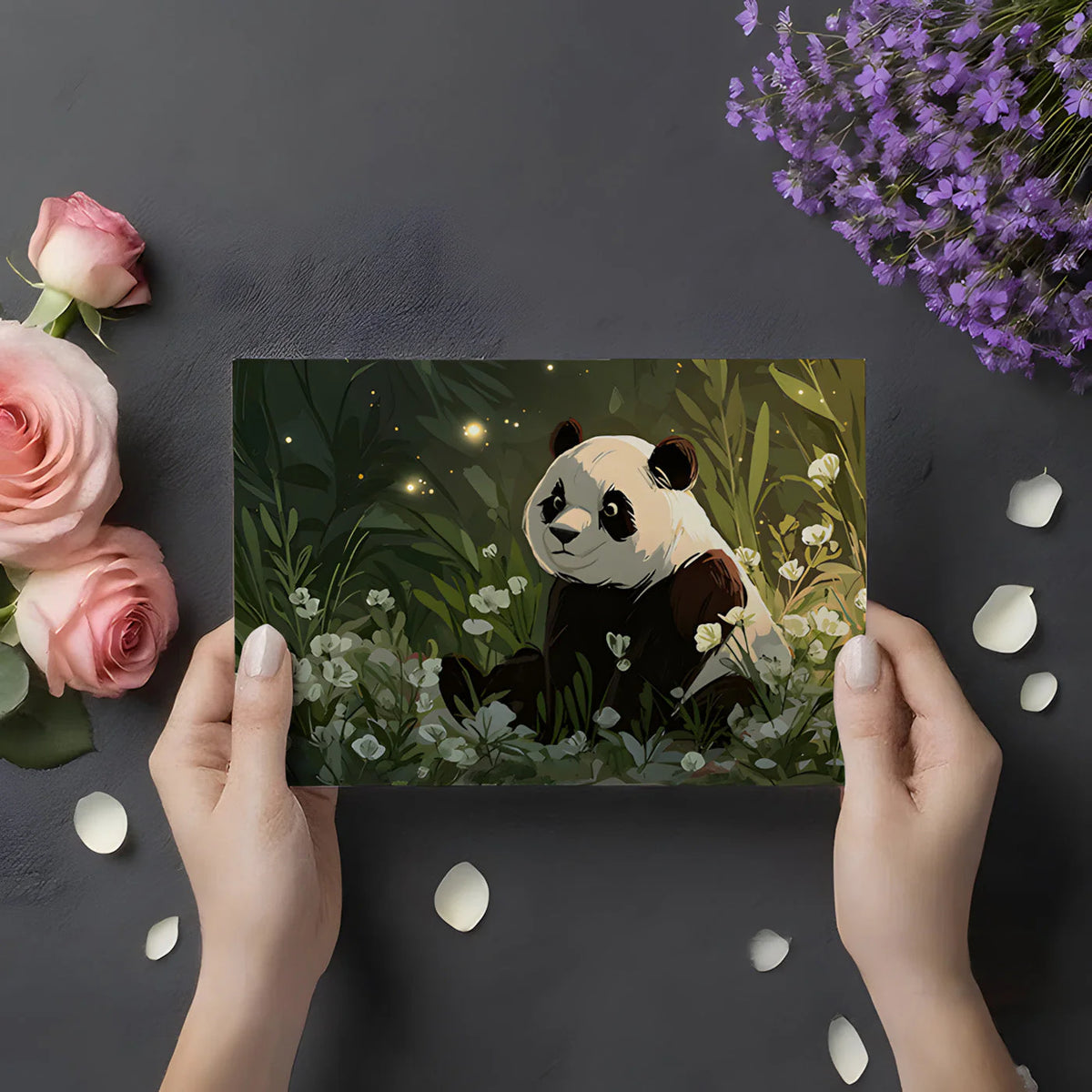 Panda in Forest Grove Mural Wallpaper with Firefly Glow Mural Wallpaper - room preview 02