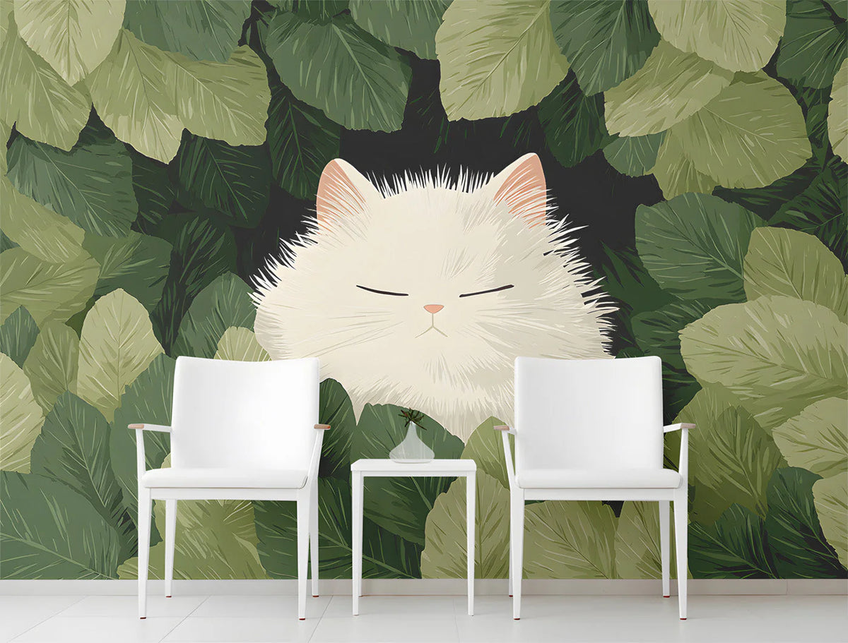 White Fluffy Cat in Deep Jungle Mural Wallpaper - room preview 02