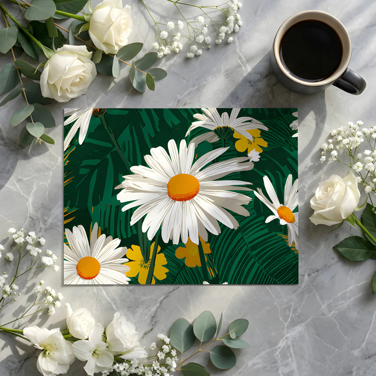Bold Daisy Meadow Mural Wallpaper in Deep Forest Green Mural Wallpaper - room preview 02