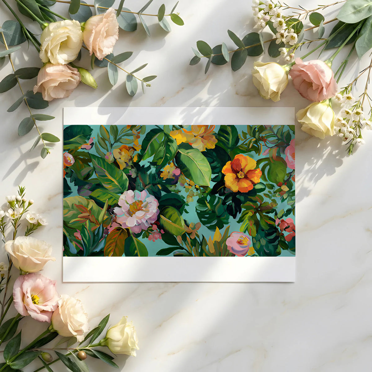 Vibrant Botanical Oil Painting Mural Wallpaper in Teal Mural Wallpaper - room preview 02