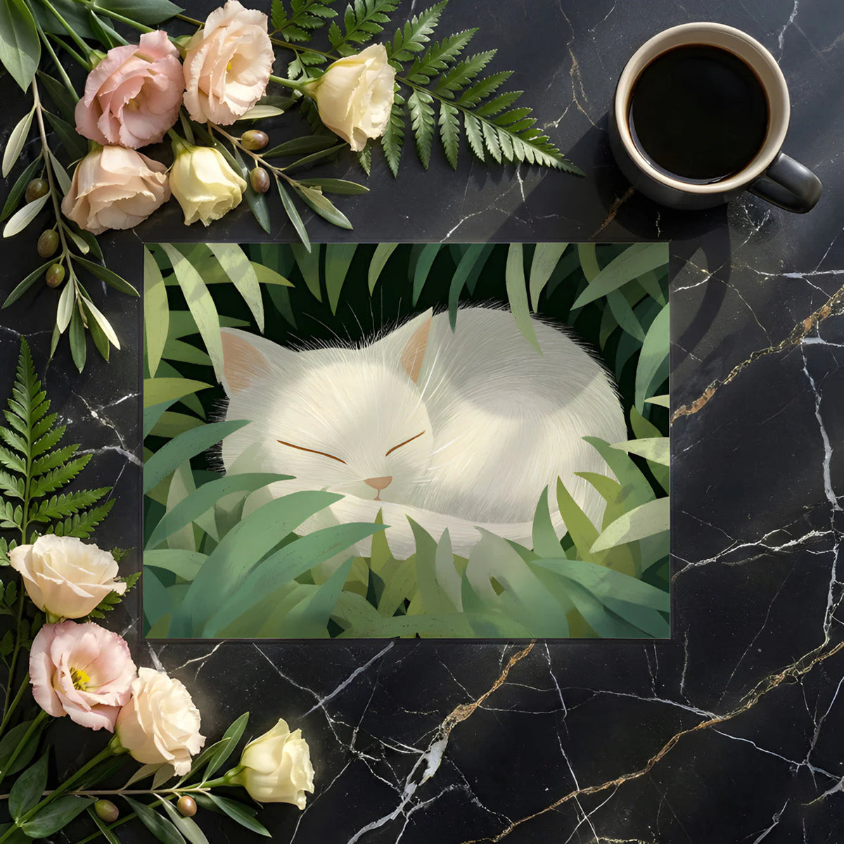 Sleeping White Cat Mural Wallpaper in Lush Green Foliage Mural Wallpaper - room preview 02