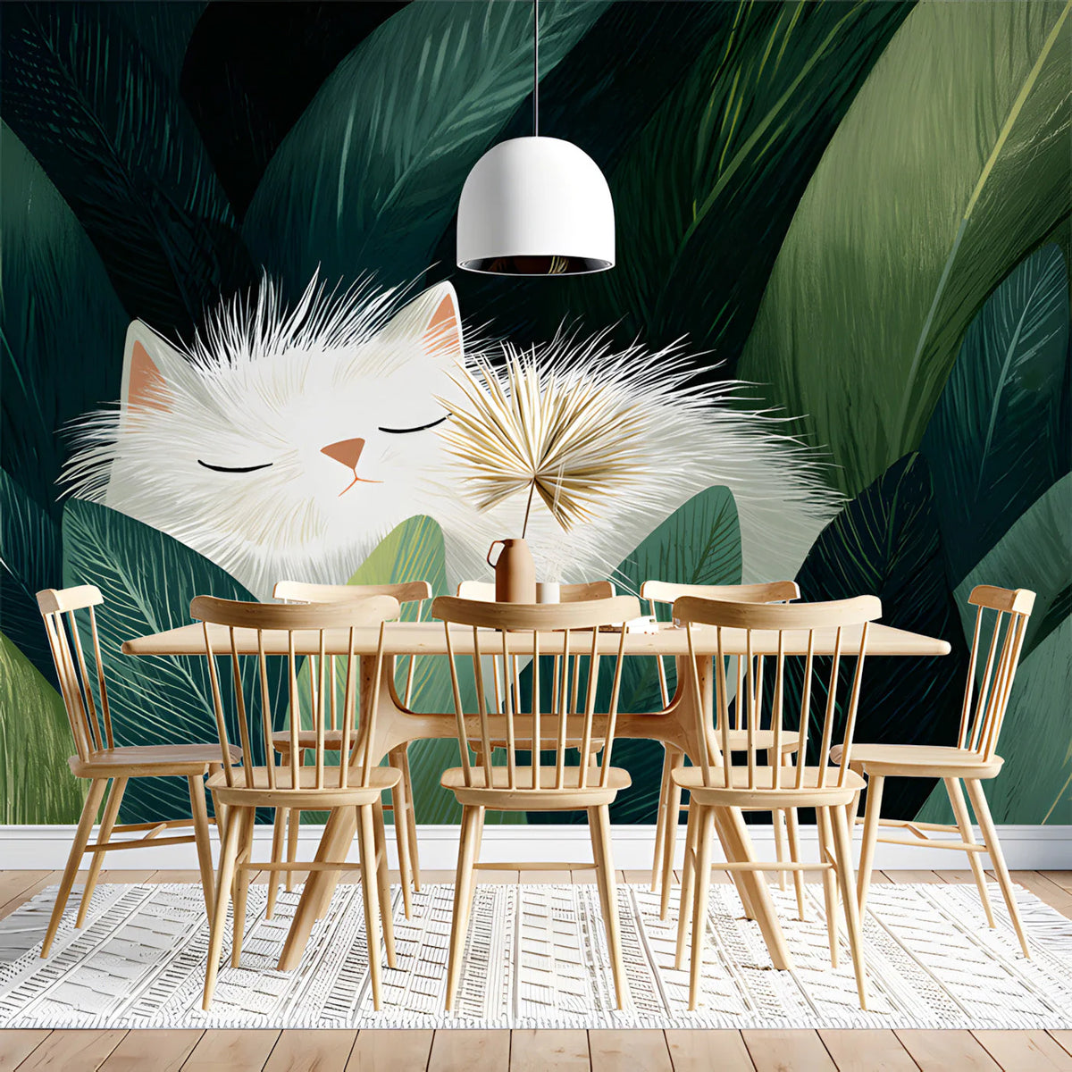 Sleepy White Cat in Tropical Foliage Mural Wallpaper - room preview 02