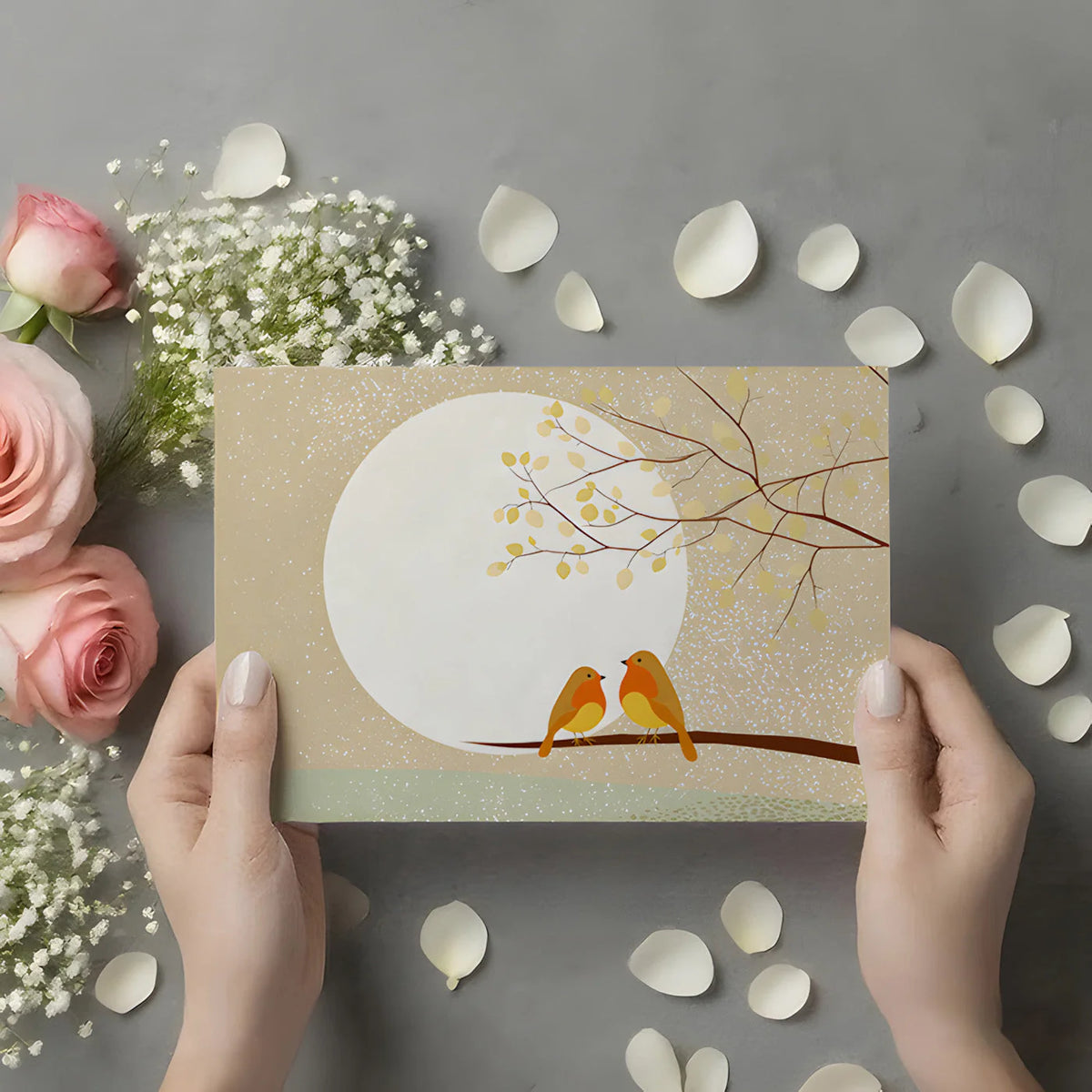 Sunlit Songbirds Mural Wallpaper with Soft Winter Snowfall Mural Wallpaper - room preview 02
