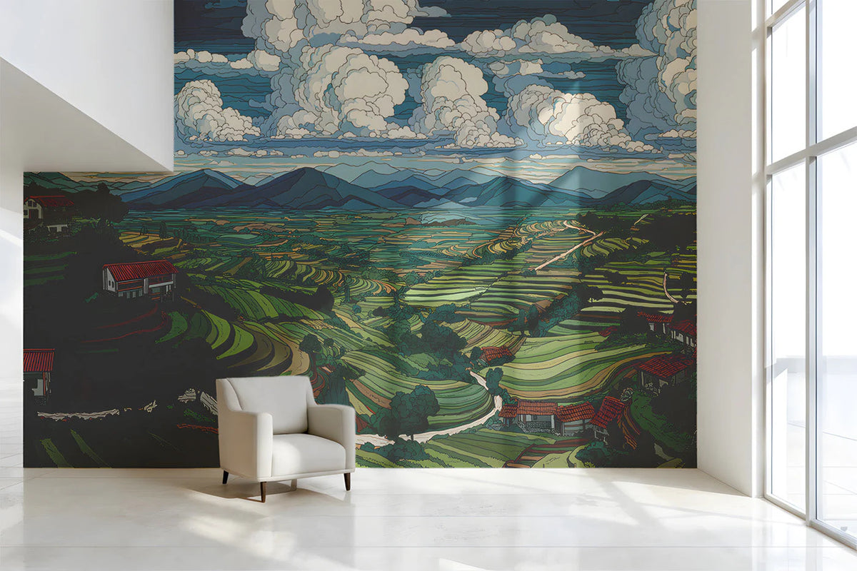 Terraced Valley Landscape Mural Wallpaper with Cloudy Sky Mural Wallpaper - room preview 02