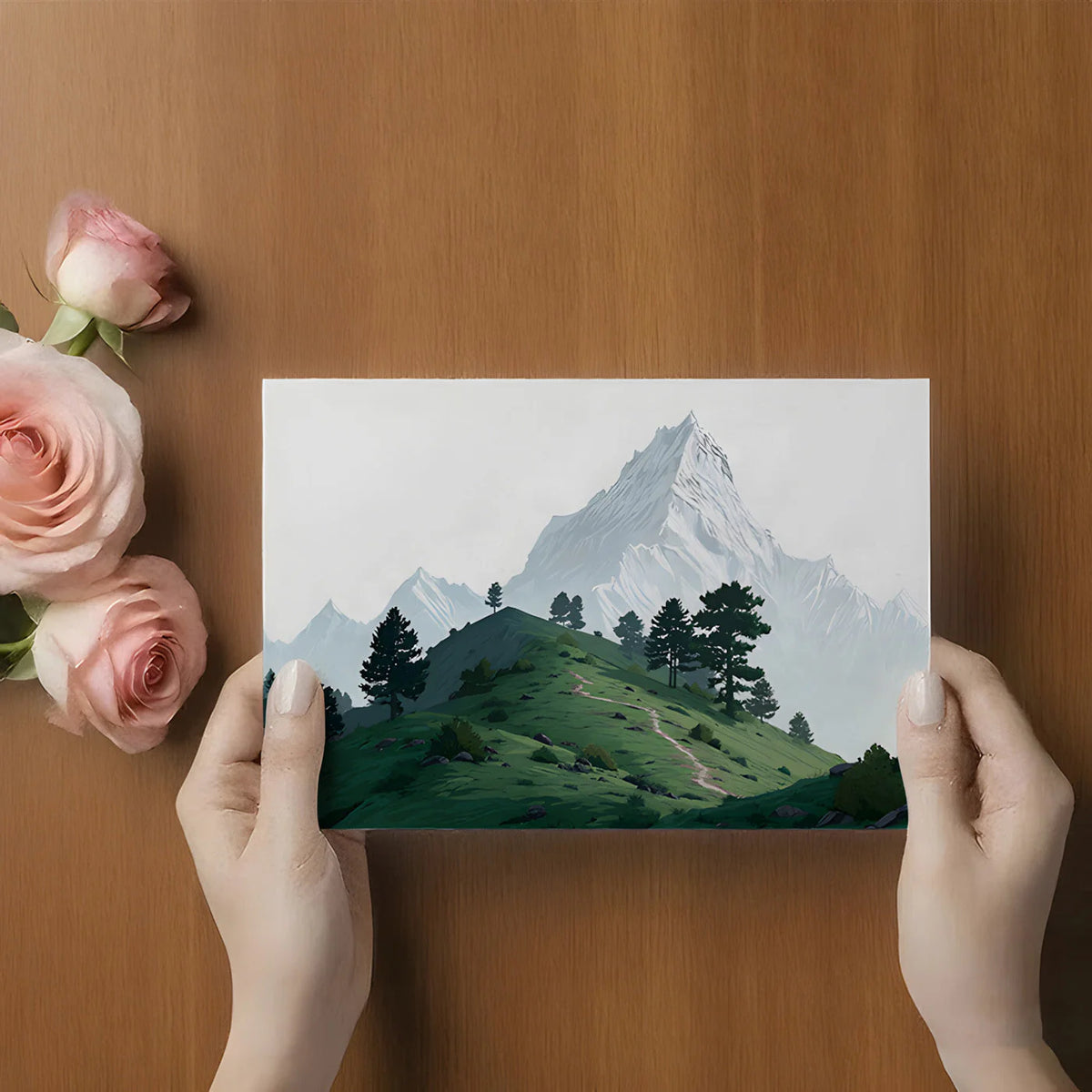 Alpine Ridge Mural Wallpaper with Snowy Peaks and Green Foothills Mural Wallpaper - room preview 02