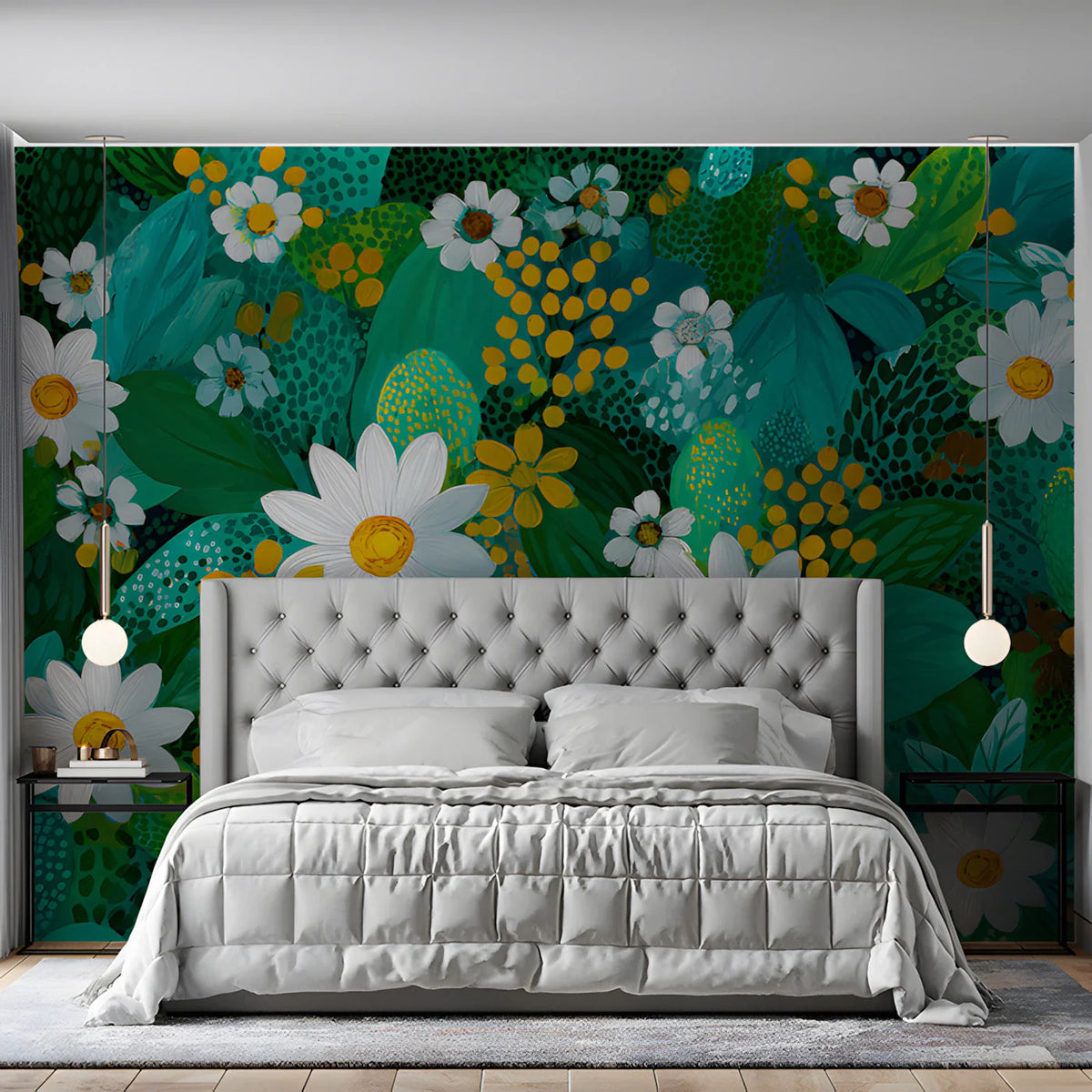 Meadow Daisy Mural Wallpaper in Teal and Ochre Mural Wallpaper - room preview 02