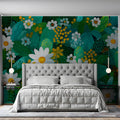 Meadow Daisy Mural Wallpaper in Teal and Ochre Mural Wallpaper - room preview 02