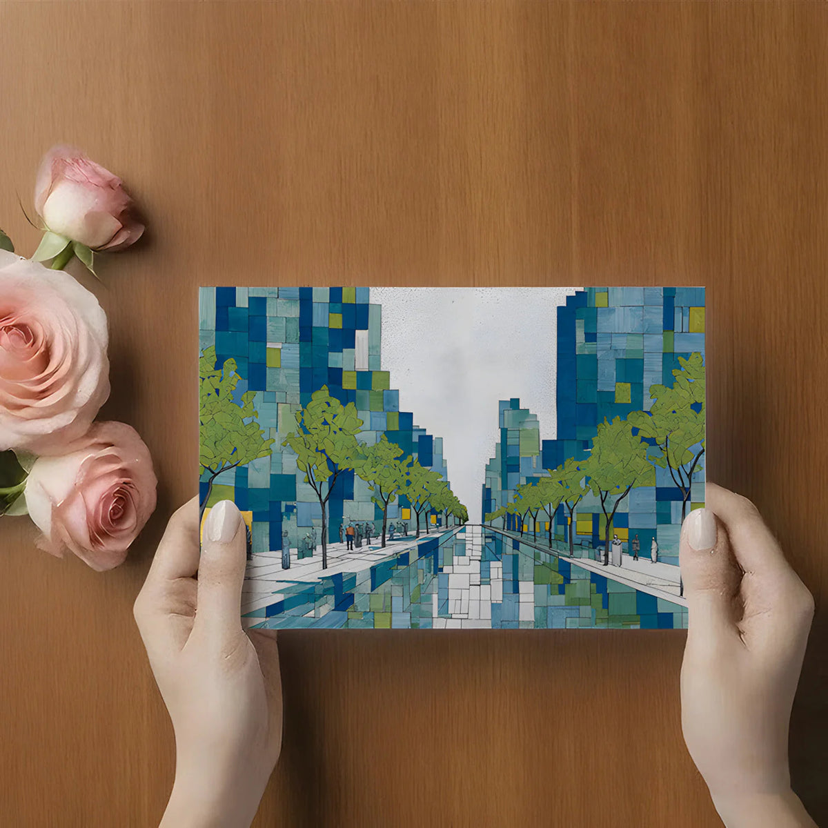 Abstract Urban Boulevard Mural Wallpaper in Blue and Lime Mural Wallpaper - room preview 02