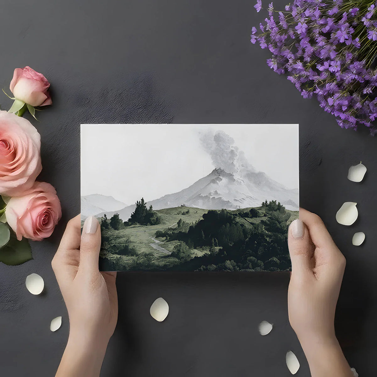 Volcanic Landscape Mural Wallpaper in Etched Style Mural Wallpaper - room preview 02