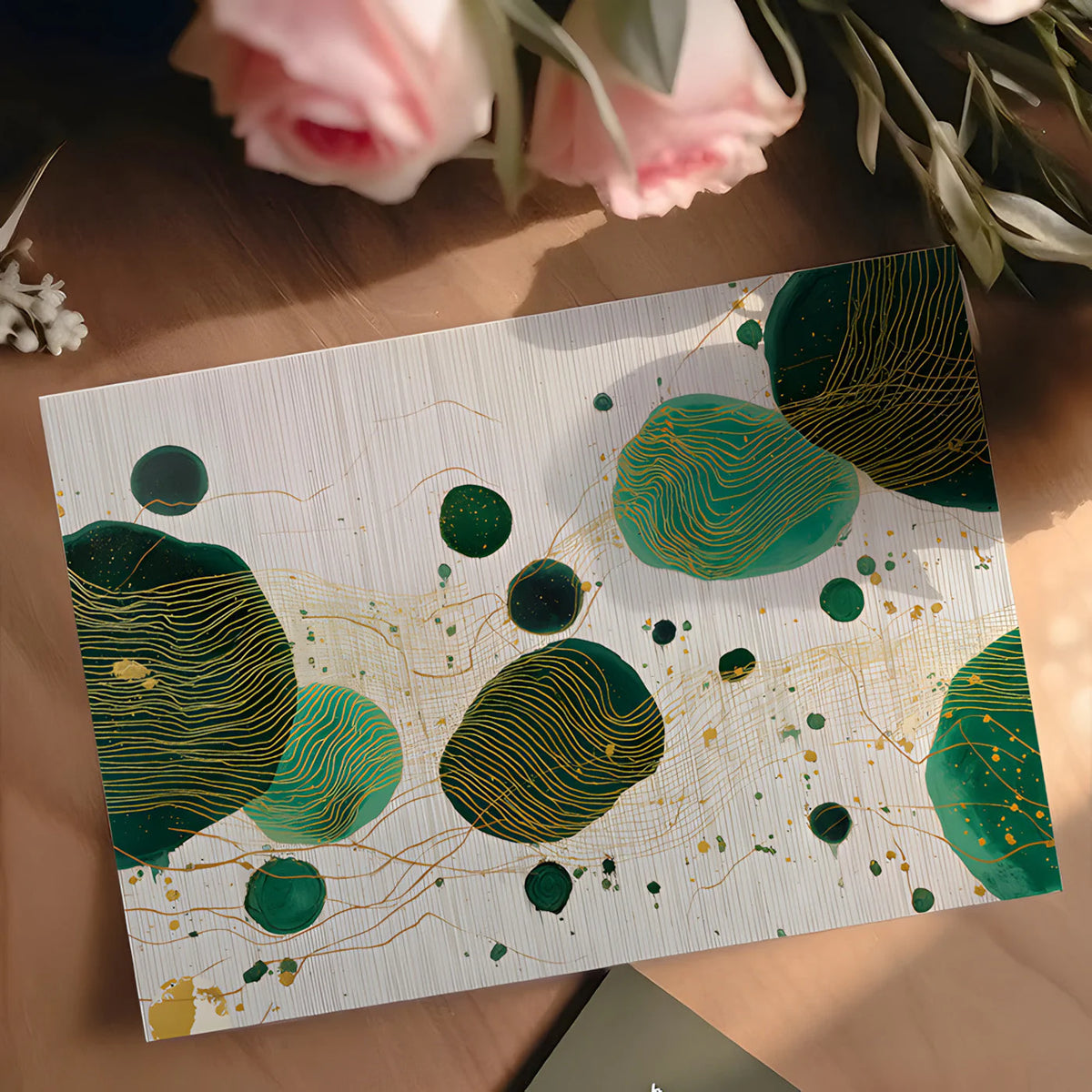Emerald Ink Abstract Mural Wallpaper — Modern Gold Line Art Mural Wallpaper - room preview 02