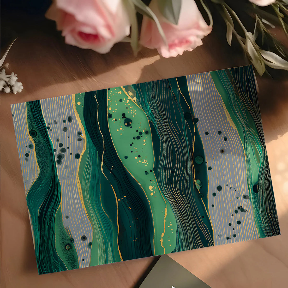 Emerald Fluid Art Mural Wallpaper with Gold Linear Accents Mural Wallpaper - room preview 02