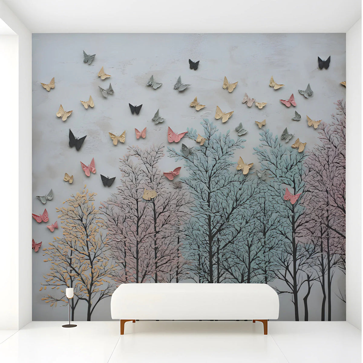Butterfly Forest Mural Wallpaper — Whimsical Soft Pastel Nature Mural Wallpaper - room preview 02