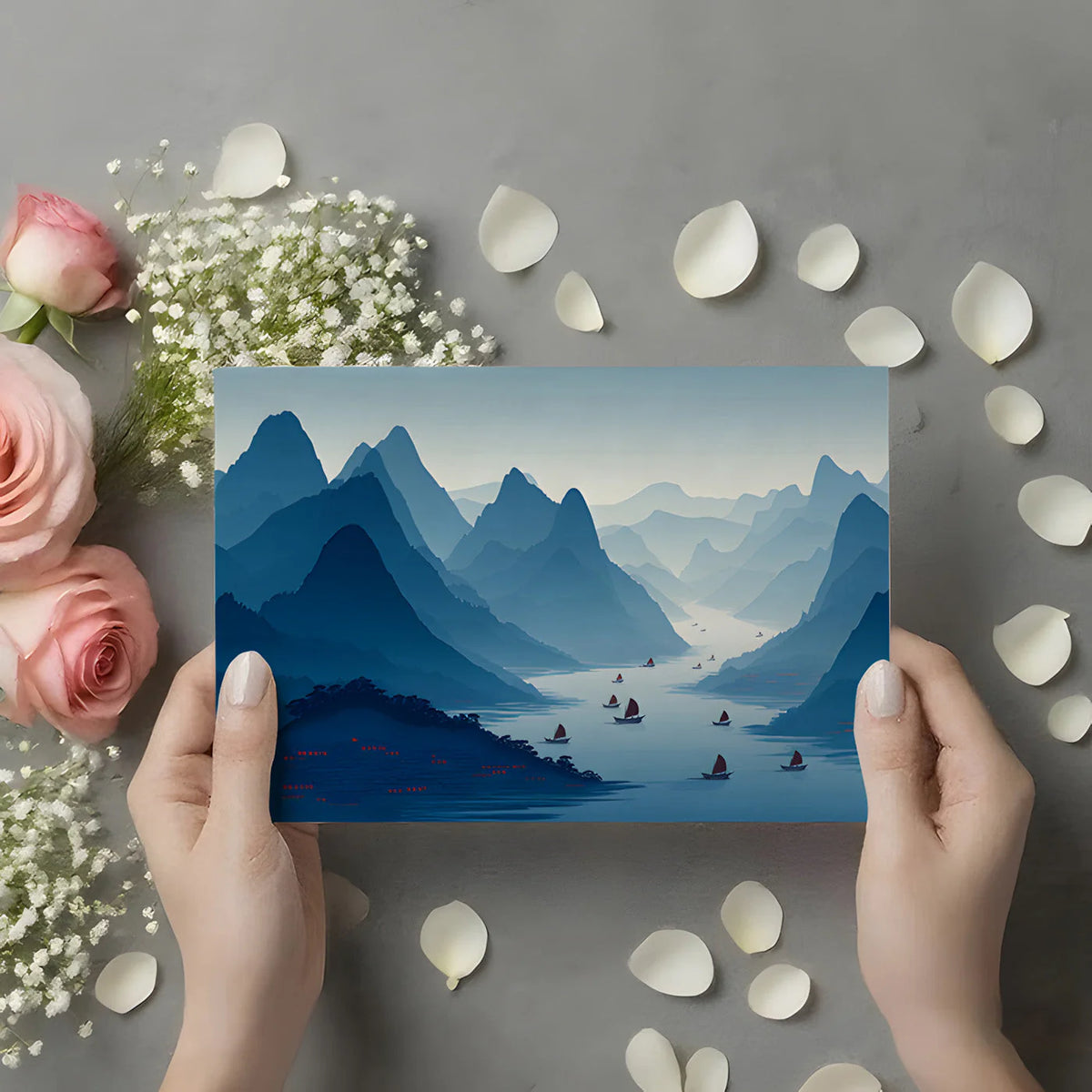 Mist-Covered Mountain River Mural Wallpaper in Indigo Blue Mural Wallpaper - room preview 02