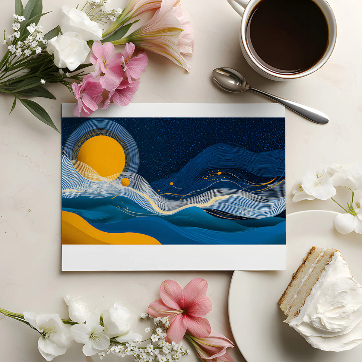 Celestial Sunset Line Art Mural Wallpaper in Navy and Ochre Mural Wallpaper - room preview 02