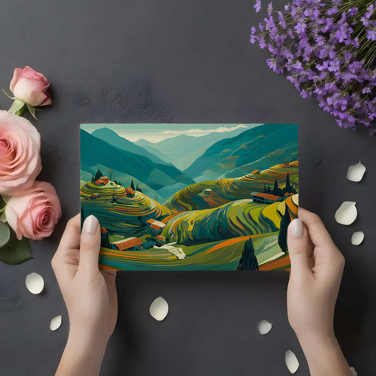 Terraced Mountain Valley Mural Wallpaper — Scenic Landscape Mural Wallpaper - room preview 02