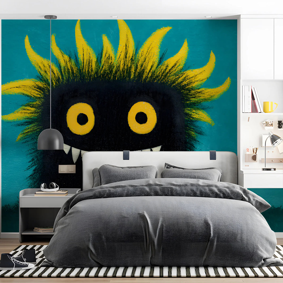 Little Monster Mural Wallpaper with Vivid Teal Background Mural Wallpaper - room preview 02