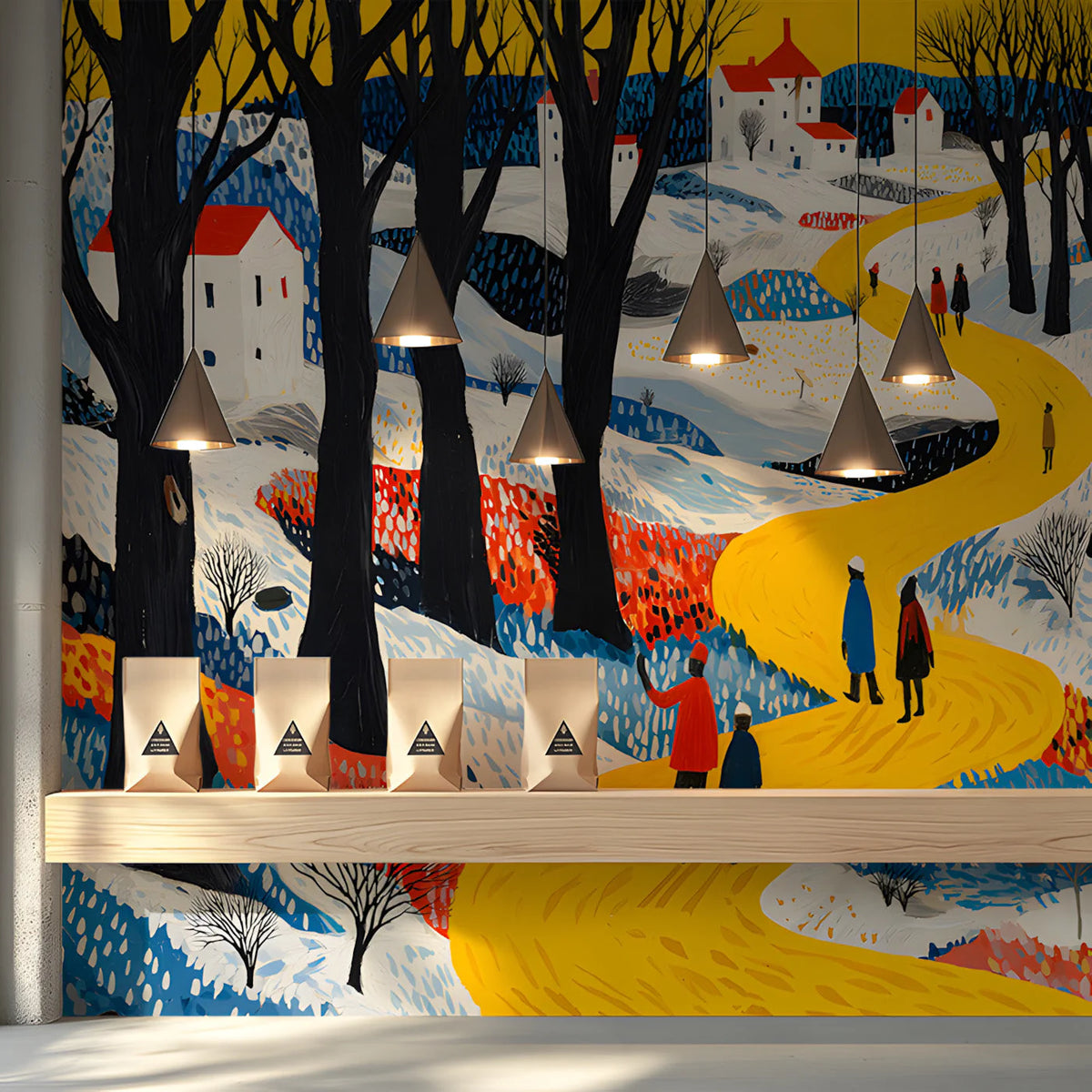 Winter Village Path Mural Wallpaper — Folk Art Landscape Mural Wallpaper - room preview 02