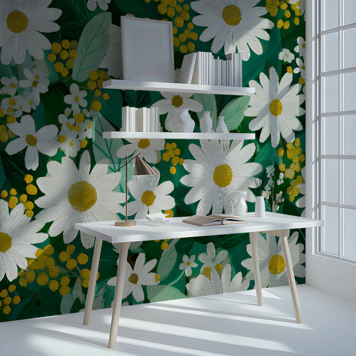 Wild Daisy and Mimosa Floral Mural Wallpaper — Painterly Botanical Mural Wallpaper - room preview 02