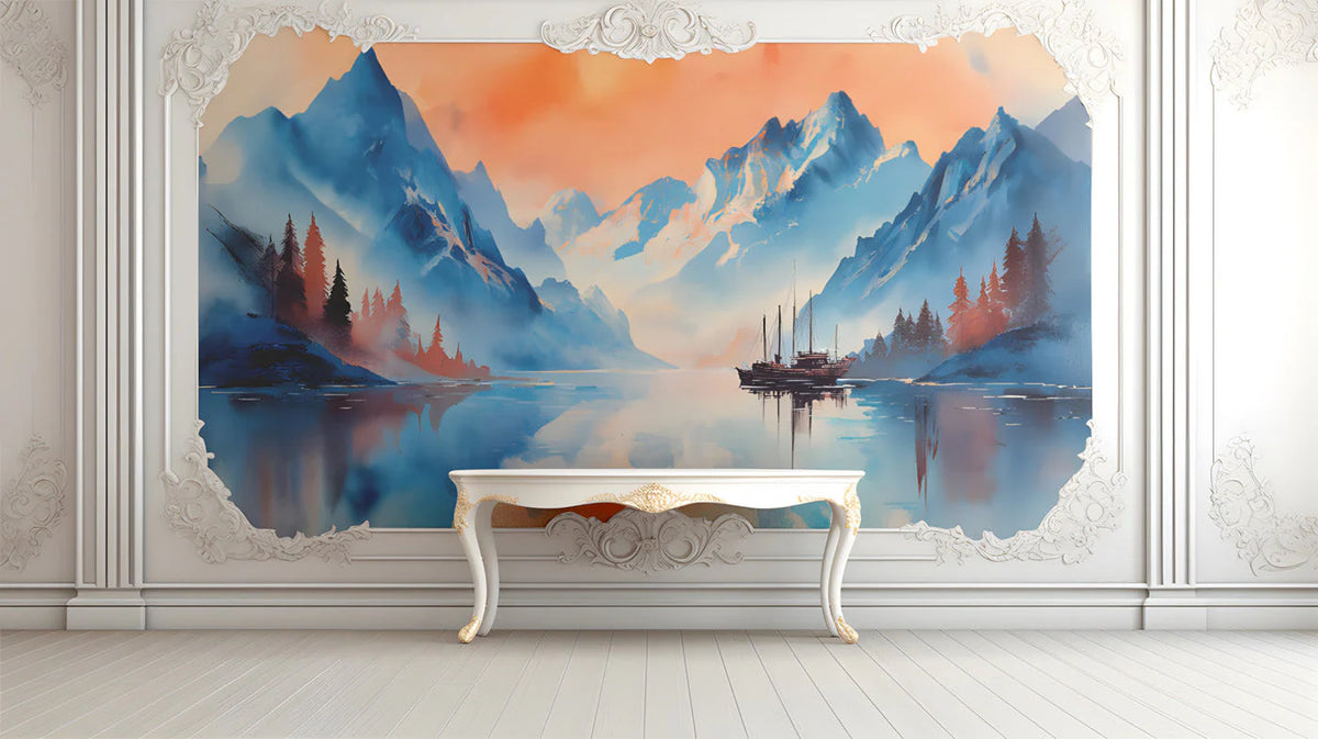 Alpenglow Mountain Lake Mural Wallpaper — Artistic Painted Landscape Mural Wallpaper - room preview 02