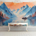 Alpenglow Mountain Lake Mural Wallpaper — Artistic Painted Landscape Mural Wallpaper - room preview 02