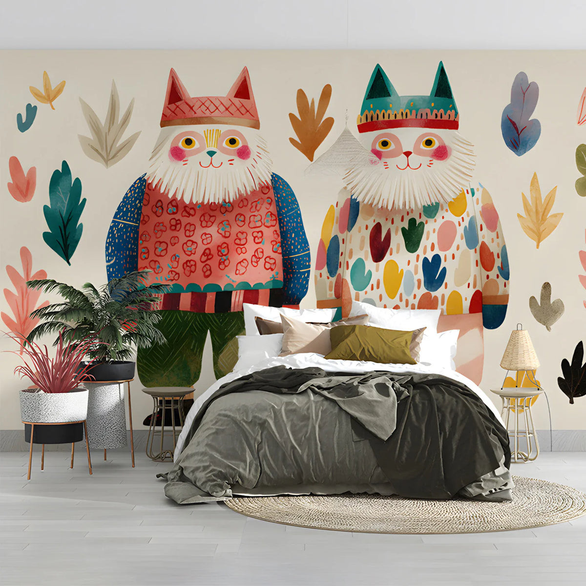 Whimsical Folk Art Cats Mural Wallpaper — Colorful Nordic Motif Mural Wallpaper - room preview 02
