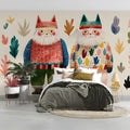 Whimsical Folk Art Cats Mural Wallpaper — Colorful Nordic Motif Mural Wallpaper - room preview 02