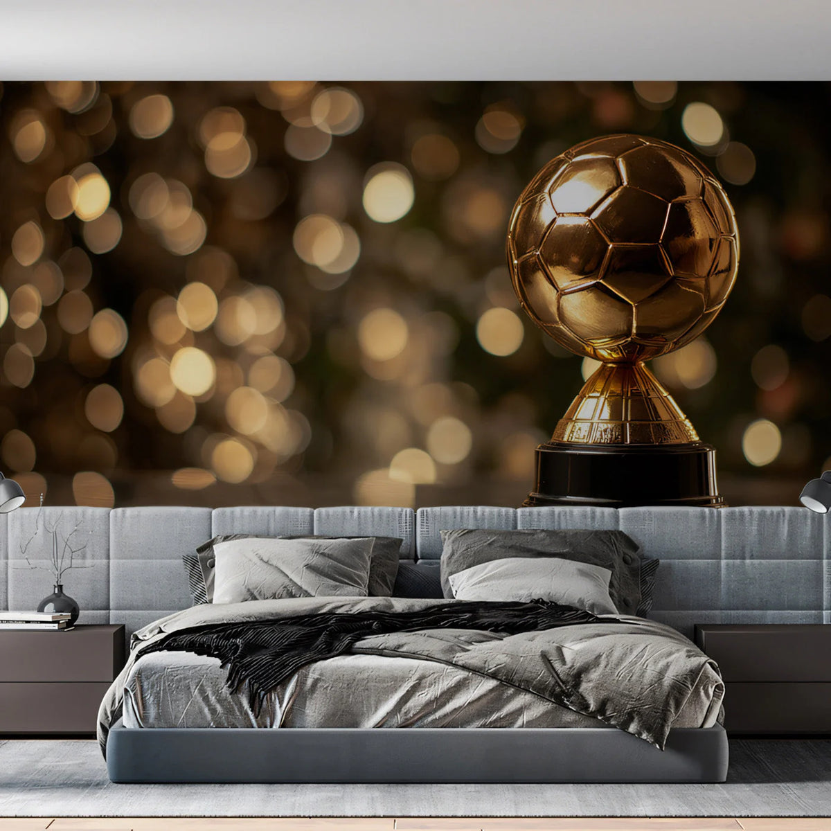 Golden Football Trophy Mural Wallpaper —Cinematic Sport Decor Mural Wallpaper - room preview 02