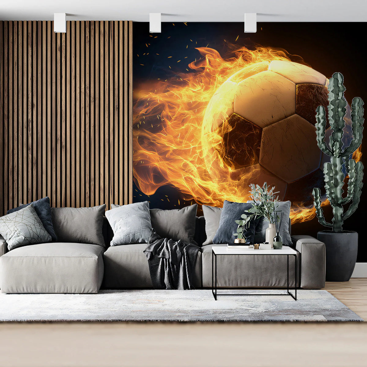 Fiery Soccer Ball Sports Mural Wallpaper — Kinetic Action Design Mural Wallpaper - room preview 02