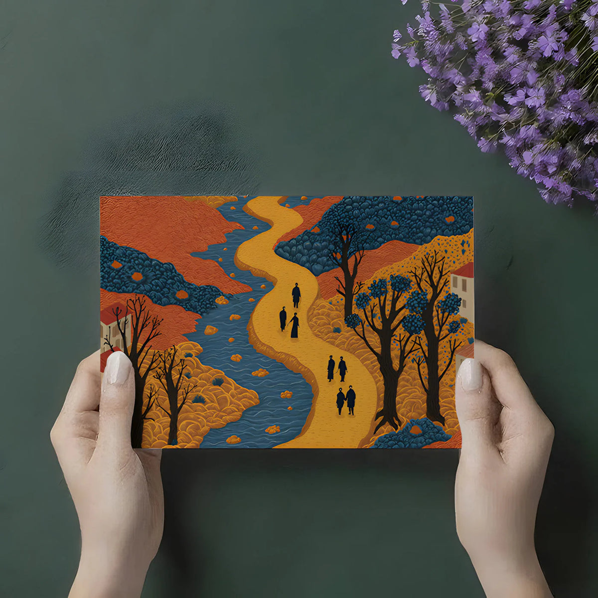 Winding River Village Mural Wallpaper — Folk Art Landscape Mural Wallpaper - room preview 02