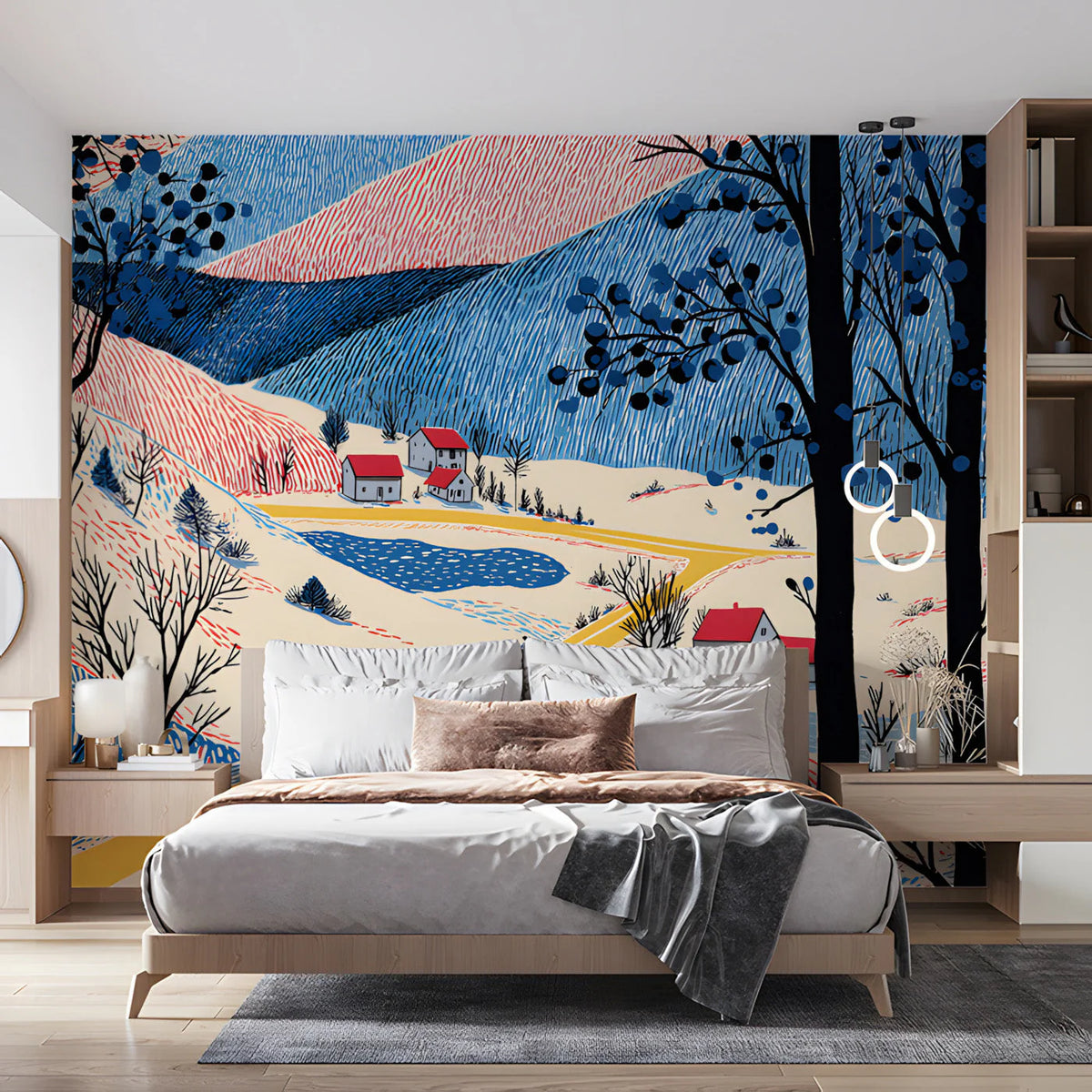 Stroll Through the Valley Mural Wallpaper — Artistic Folk Scene Mural Wallpaper - room preview 02