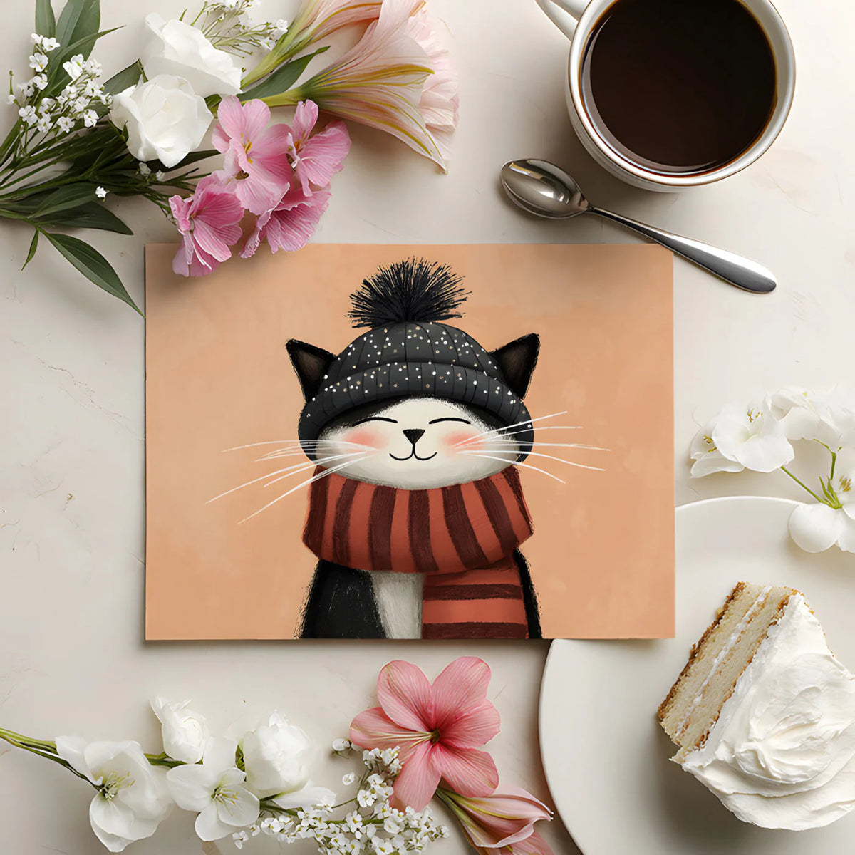 Cozy Winter Cat Mural Wallpaper — Whimsical Illustration Mural Wallpaper - room preview 02