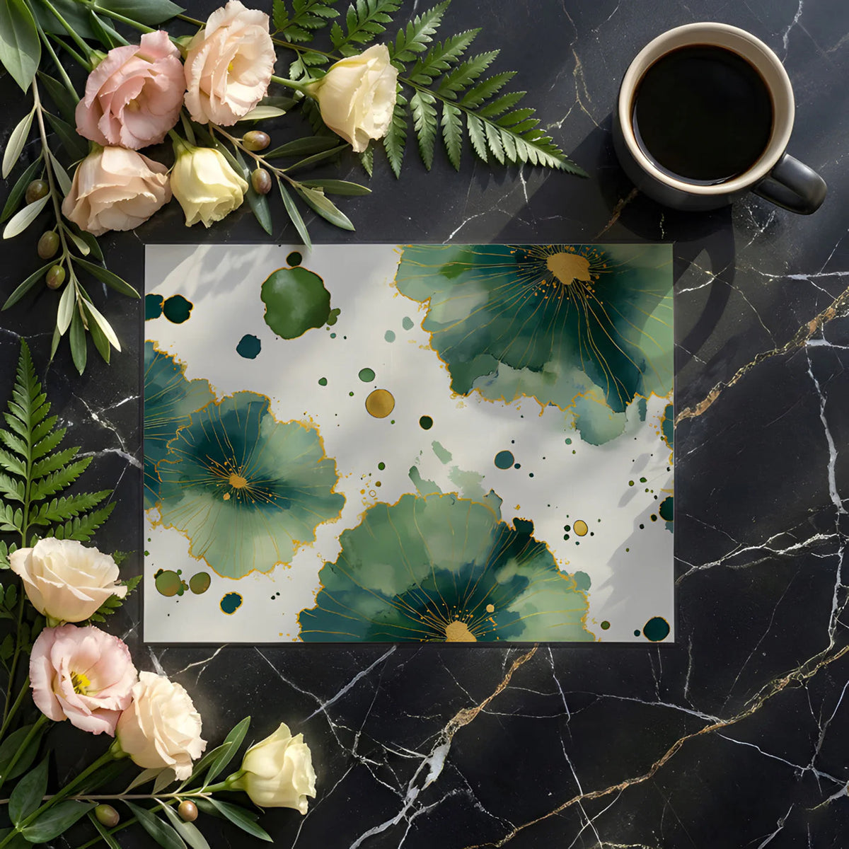 Emerald Bloom Abstract Mural Wallpaper with Gilded Accents Mural Wallpaper - room preview 02