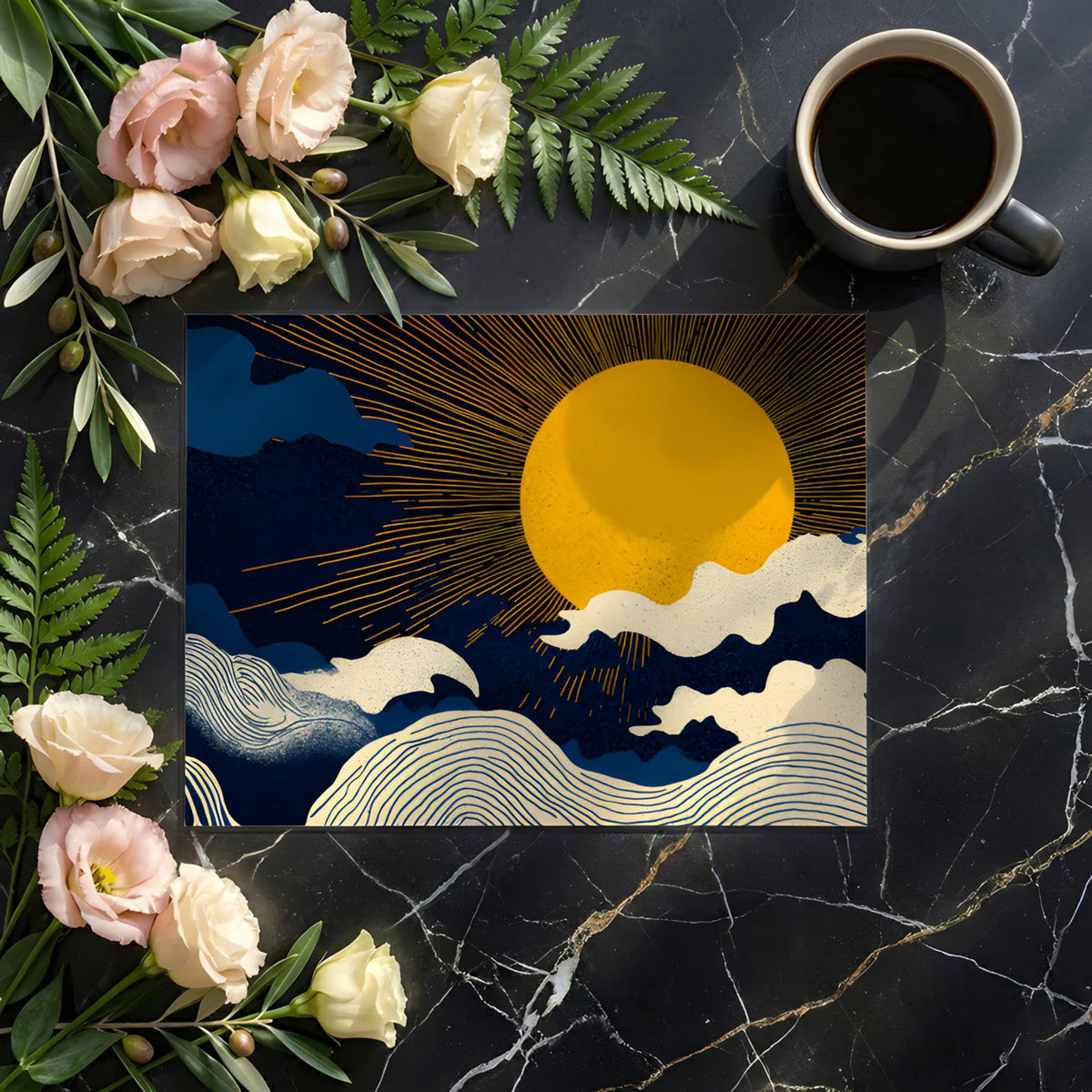 Solar Waves Mural Wallpaper — Japanese Inspired Celestial Art Mural Wallpaper - room preview 02