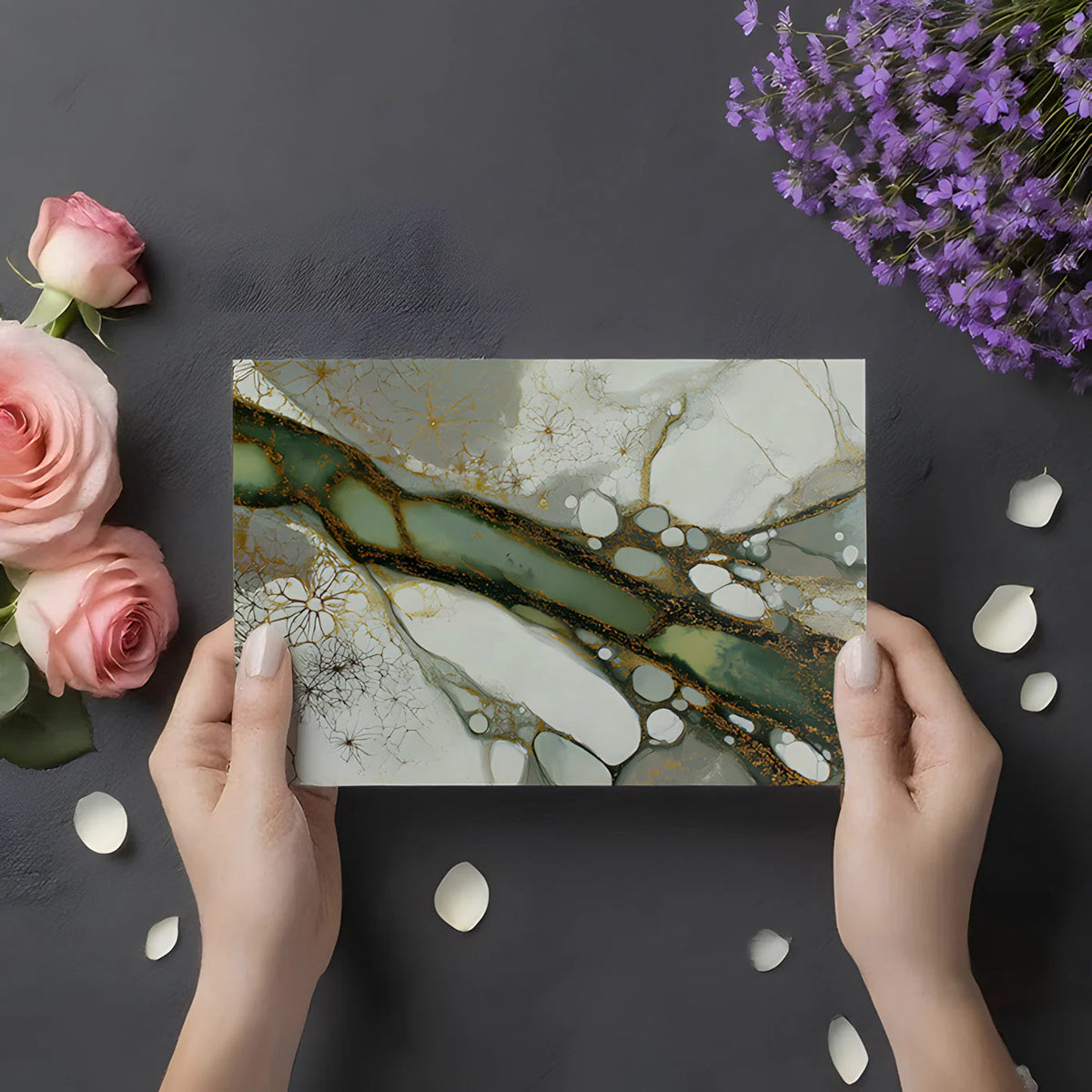 Ethereal Moss and Gold Fluid Art Mural Wallpaper - room preview 02