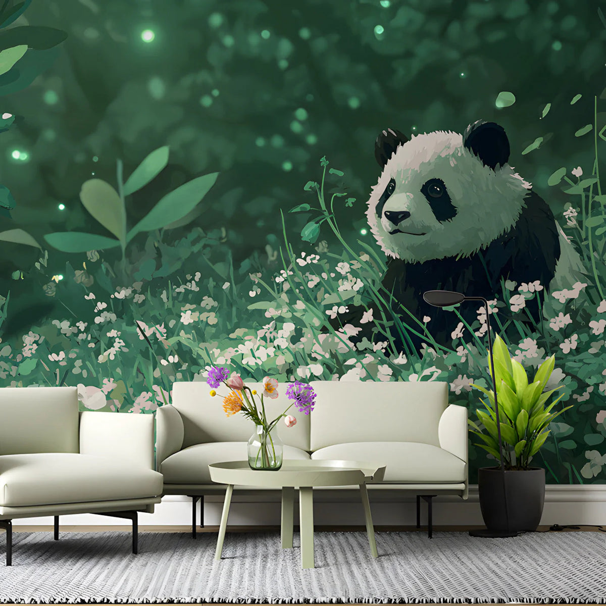 Panda in Forest Glade Mural Wallpaper — Whimsical Nature Scene Mural Wallpaper - room preview 02