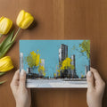 Urban Sketch Cityscape Mural Wallpaper with Vibrant Yellow Trees Mural Wallpaper - room preview 02