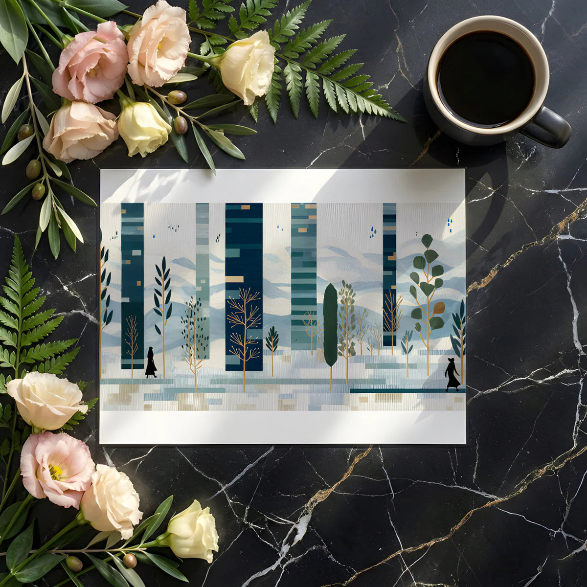Abstract Geometric Forest Mural Wallpaper in Blue and Ochre Mural Wallpaper - room preview 02