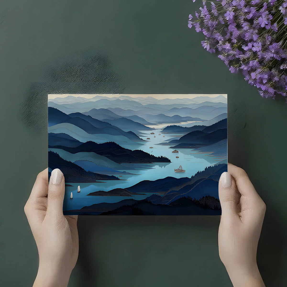 Blue Mountain Landscape Mural Wallpaper in Ink Wash Style Mural Wallpaper - room preview 02