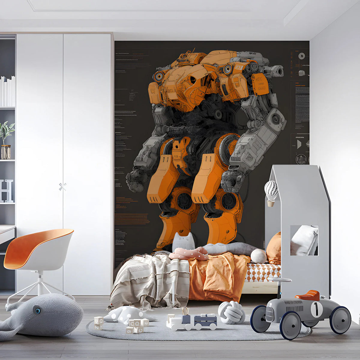 Industrial Mecha Blueprint Mural Wallpaper in Charcoal and Orange Mural Wallpaper - room preview 02
