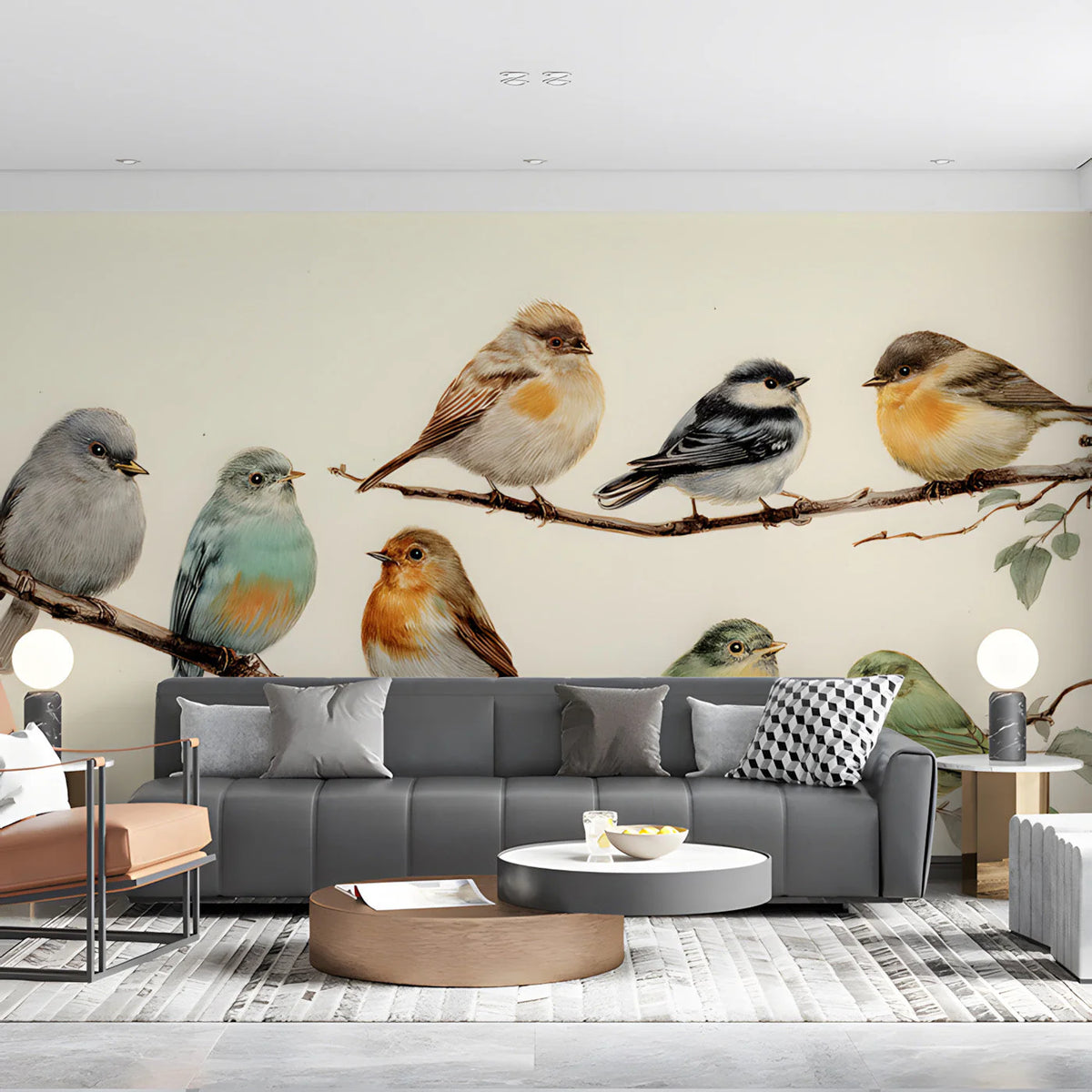 Songbird Illustration Mural Wallpaper — Artistic Nature Decor Mural Wallpaper - room preview 02