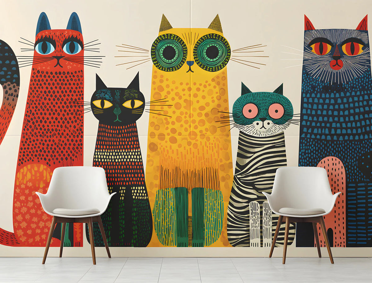 Mid-Century Whimsical Cat Mural Wallpaper — Playful Illustration Mural Wallpaper - room preview 02