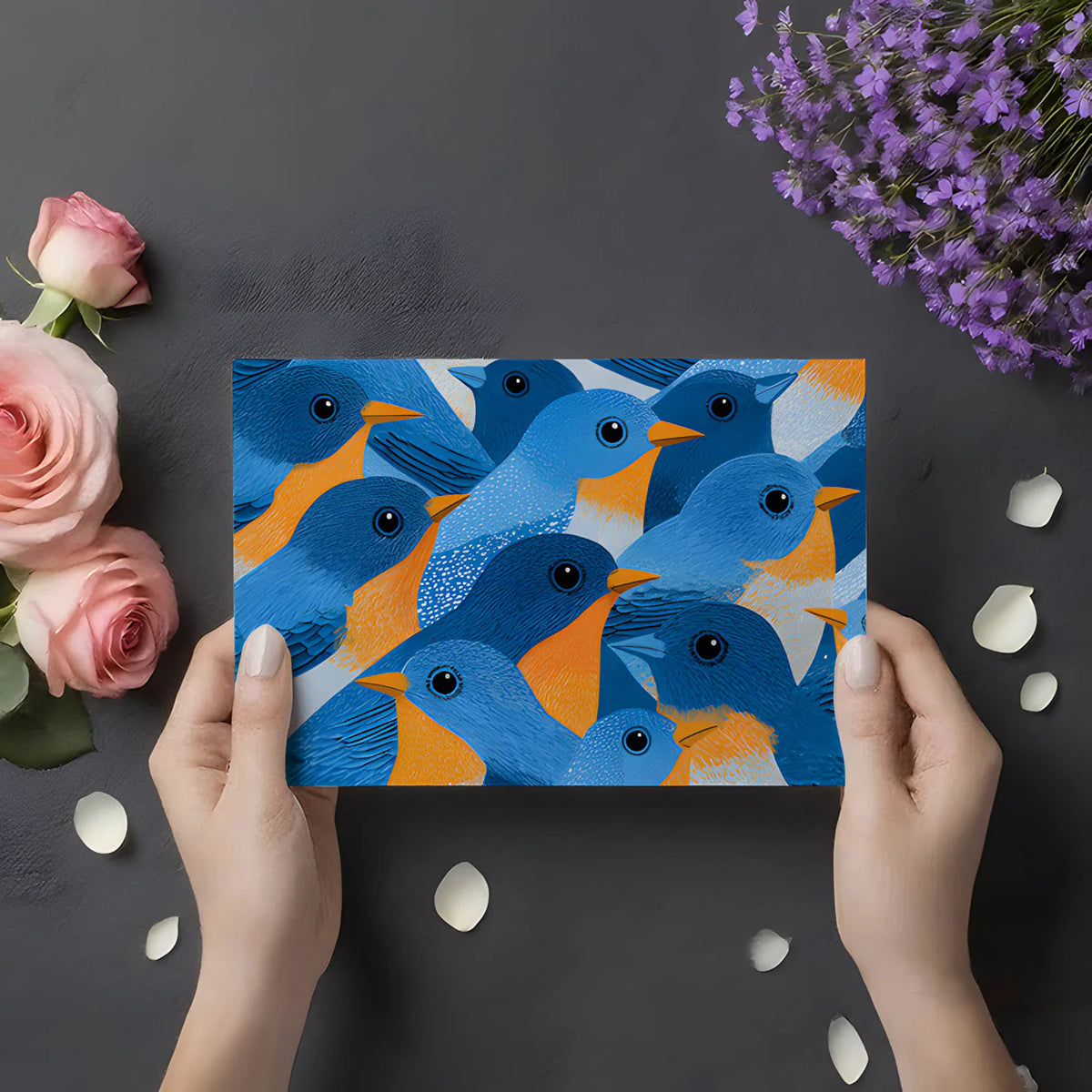 Bluebird Flock Mural Wallpaper — Artistic Whimsical Illustration Mural Wallpaper - room preview 02