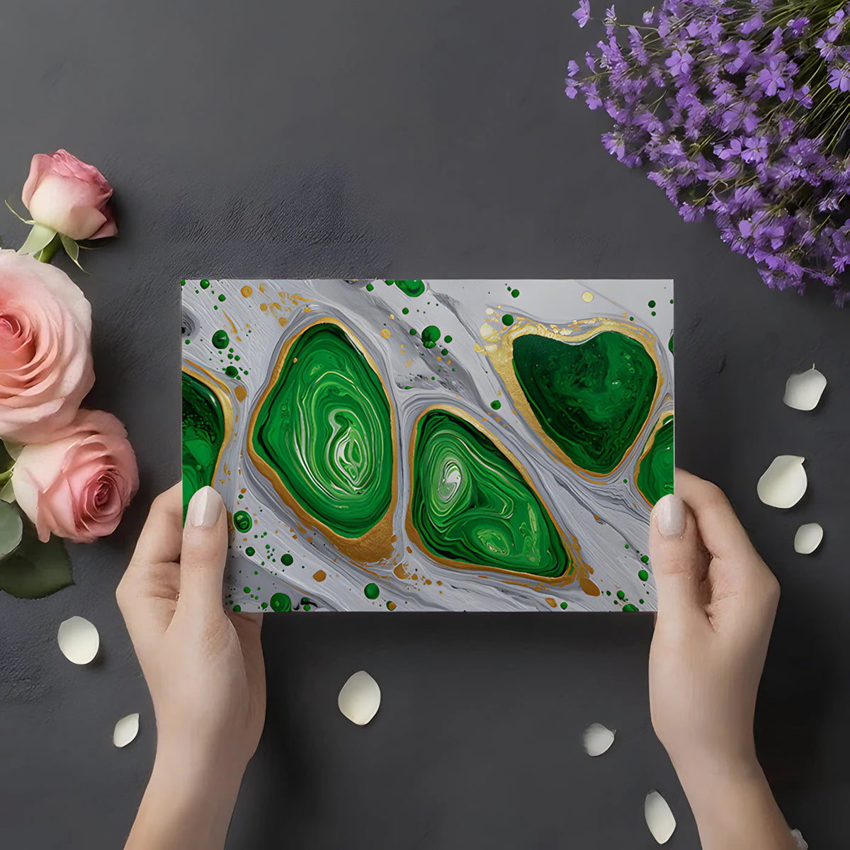 Malachite Fluid Pour Mural Wallpaper —Modern Abstract Gold Accents Mural Wallpaper - room preview 02