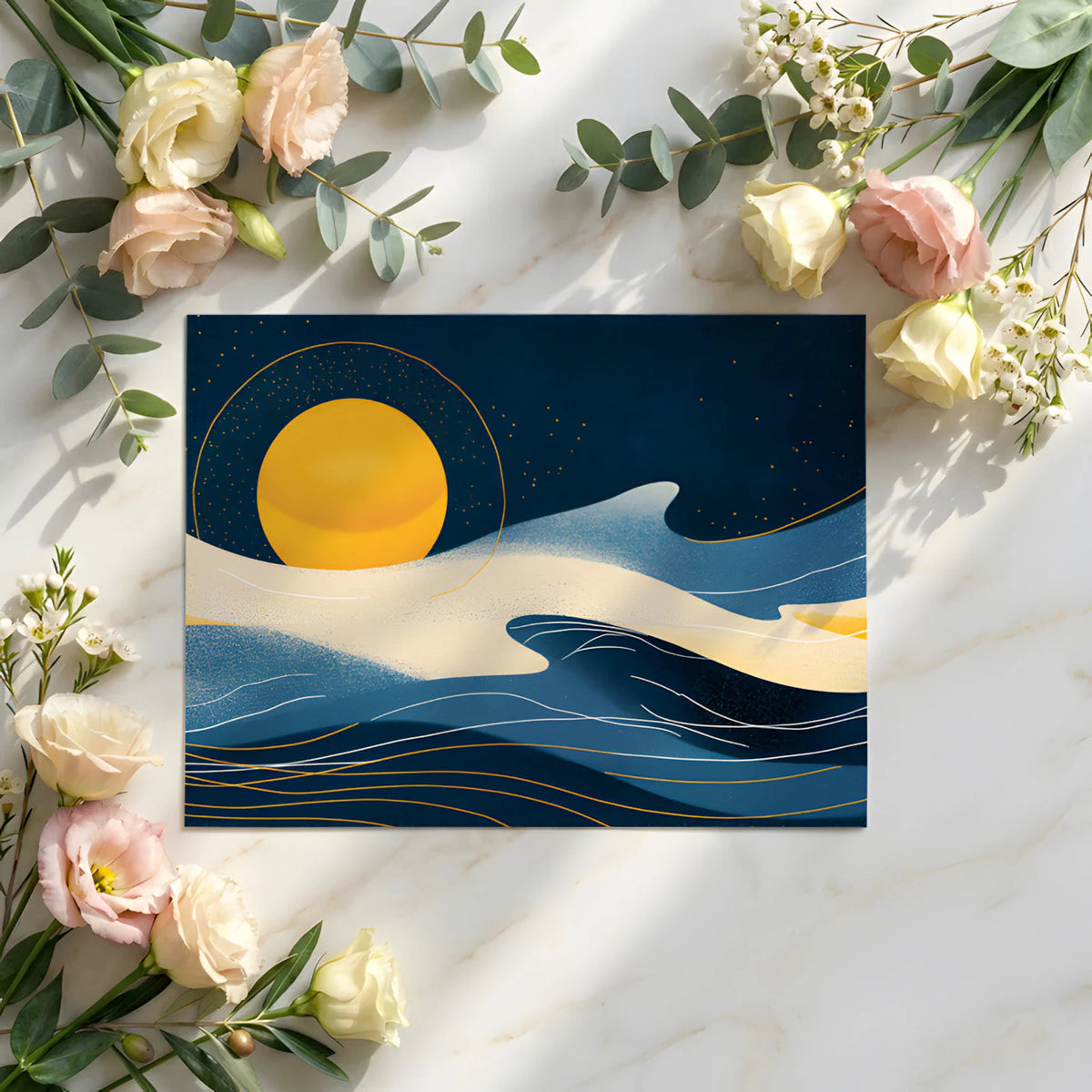 Celestial Moon Abstract Mural Wallpaper in Deep Navy and Gold Mural Wallpaper - room preview 02