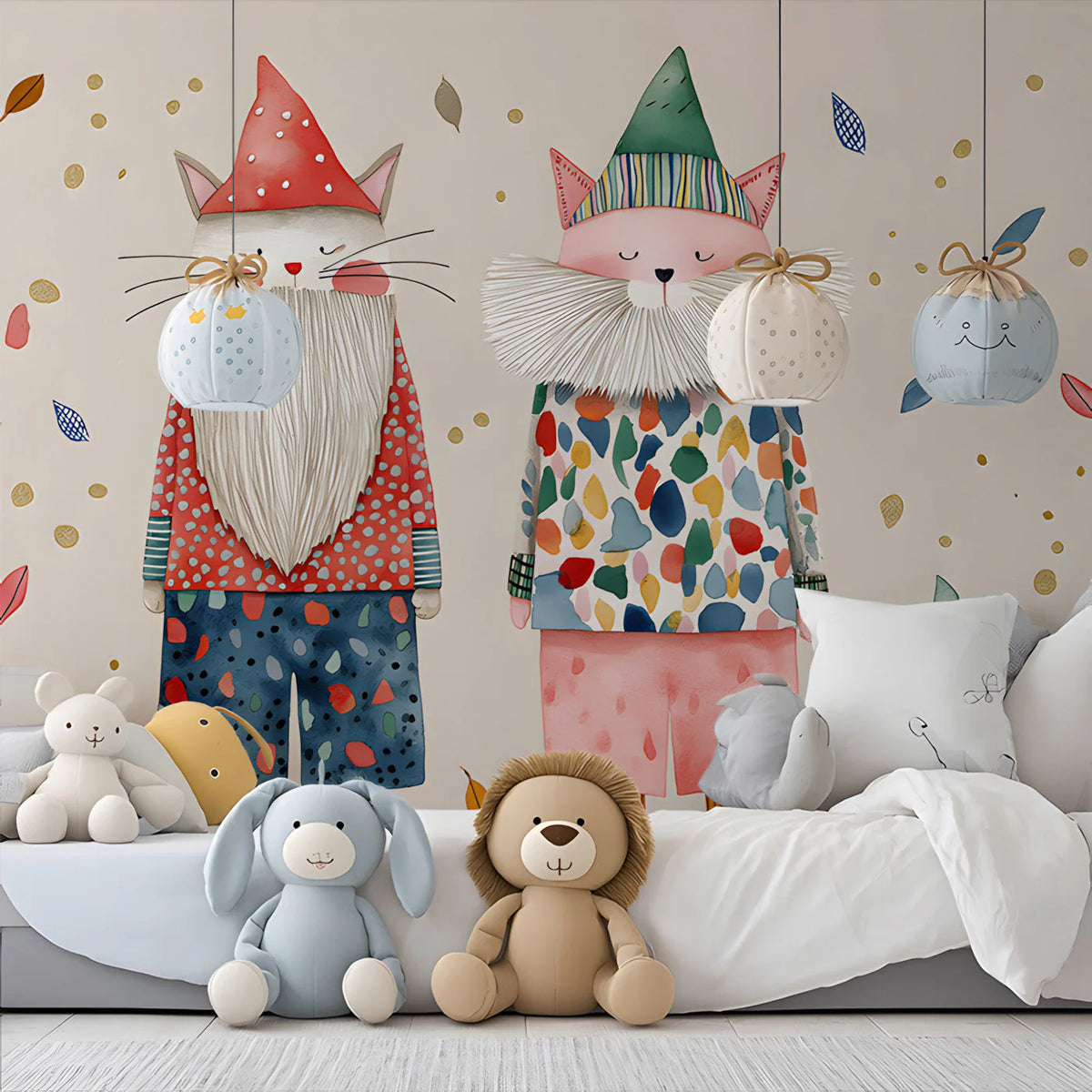 Whimsical Cat Gnomes Mural Wallpaper for Playful Spaces Mural Wallpaper - room preview 02