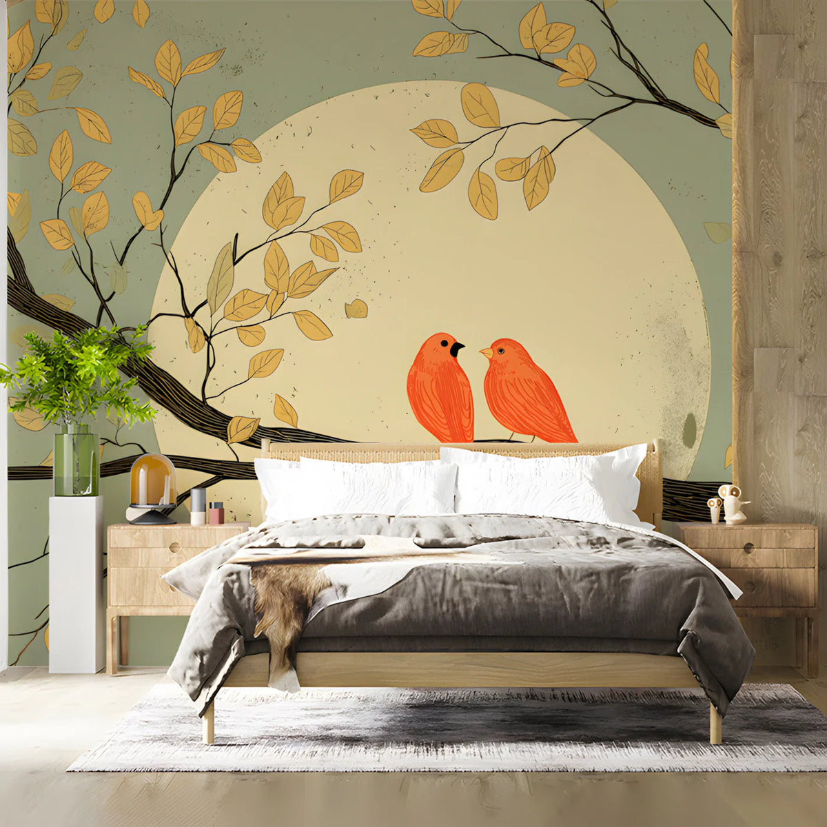 Autumnal Songbirds Mural Wallpaper with Soft Sage Background Mural Wallpaper - room preview 02