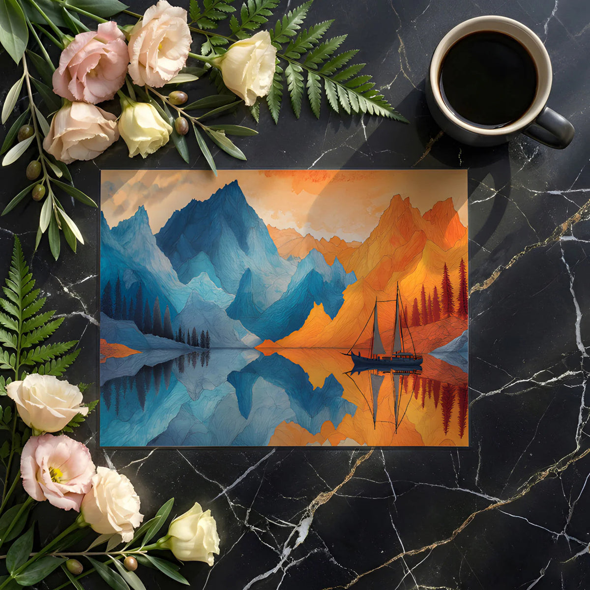 Dual Tone Mountain Lake Mural Wallpaper in Vibrant Ink Style Mural Wallpaper - room preview 02