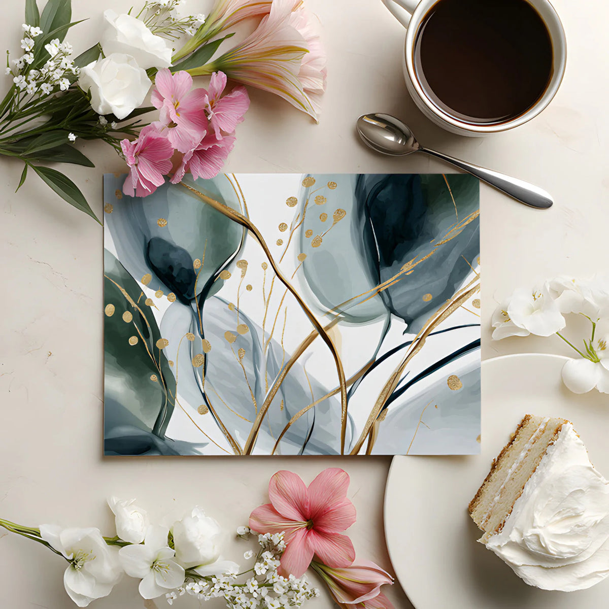 Emerald and Gold Watercolor Botanical Mural Wallpaper - room preview 02