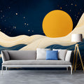 Golden Moon Celestial Wave Mural Wallpaper — Abstract Navy Blue Mural Wallpaper - room preview 02