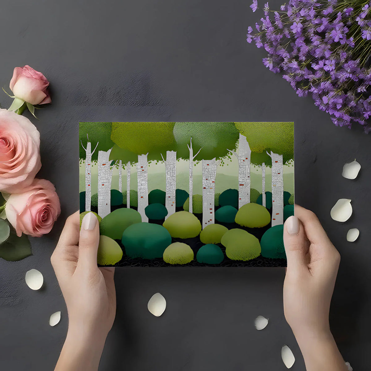 Pointillist Birch Forest Mural Wallpaper in Verdant Green Mural Wallpaper - room preview 02